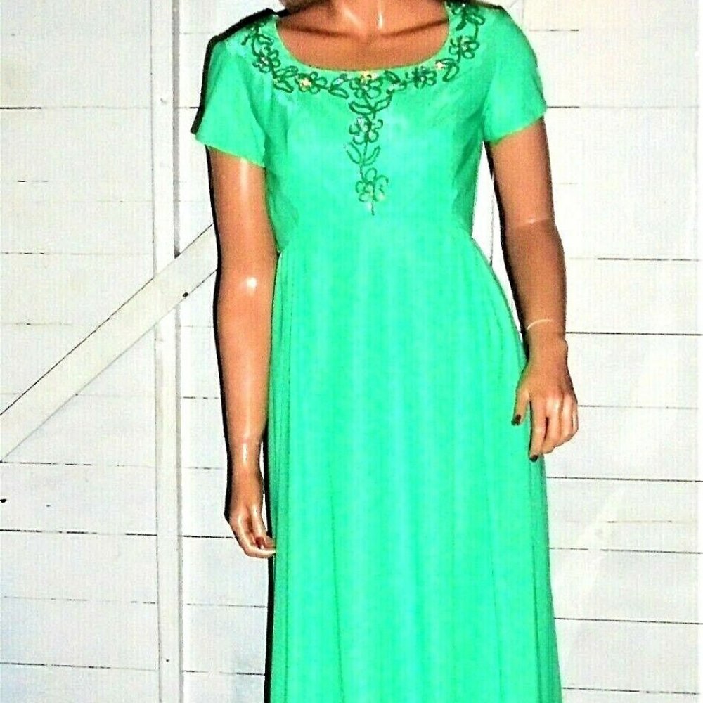 Vintage Emma Domb Metallic Green Sequin Maxi Dress 8